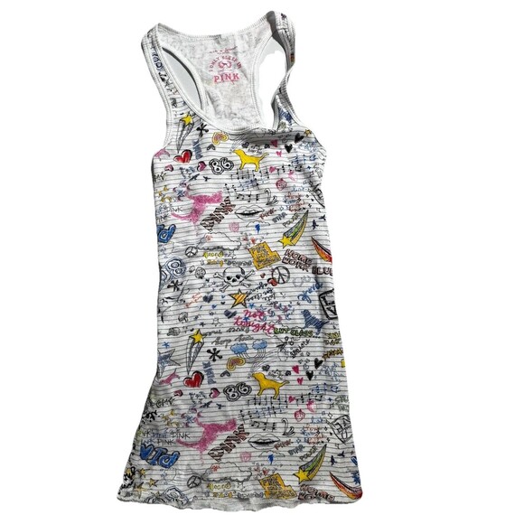 Y2K (2007) VS PINK Grafitti Print Tank Top Size Small EUC Long Length Racer Back - Picture 2 of 12